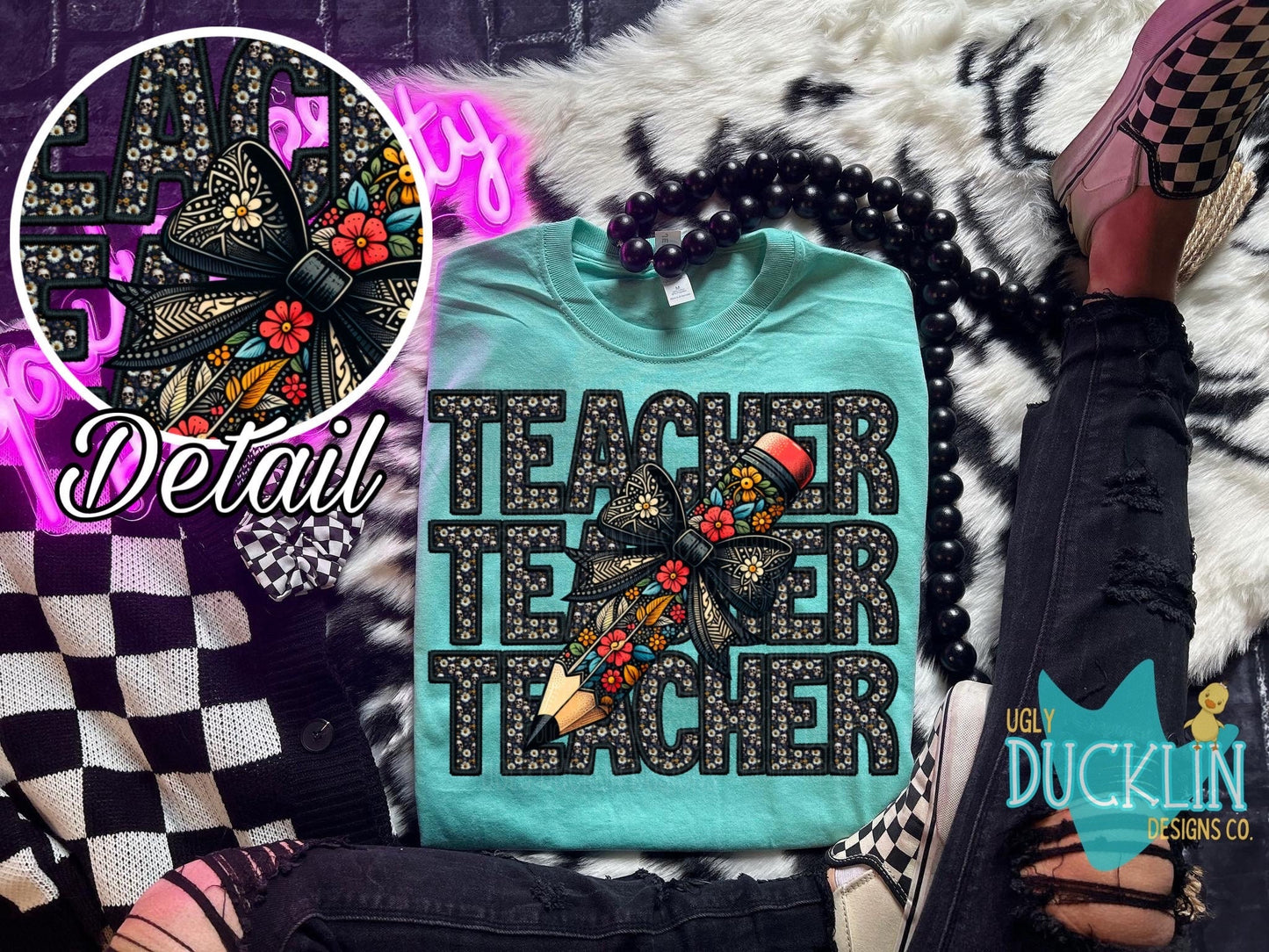 Teacher PNG Faux Embroidery Digital Design School Sublimation Design