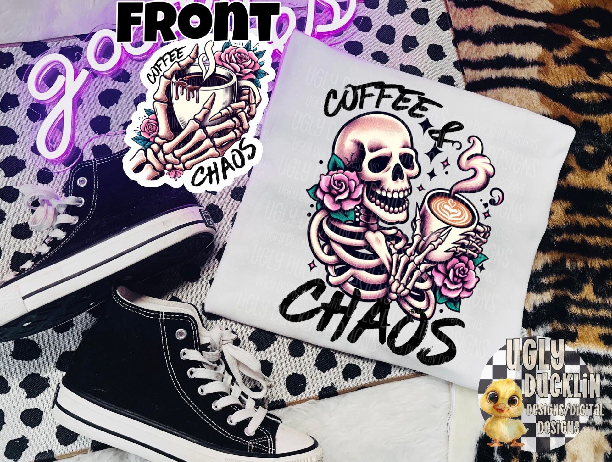 Coffee and Chaos PNG Skeleton Digital Design Momma Sublimation Design