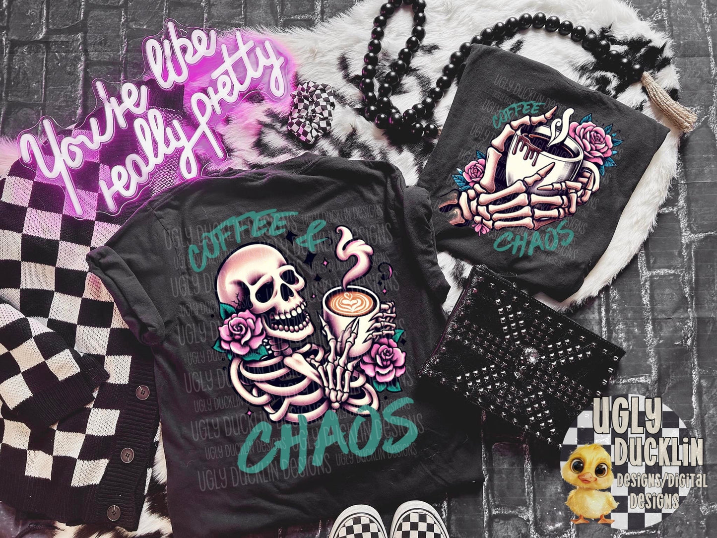 Coffee and Chaos PNG Skeleton Digital Design Momma Sublimation Design