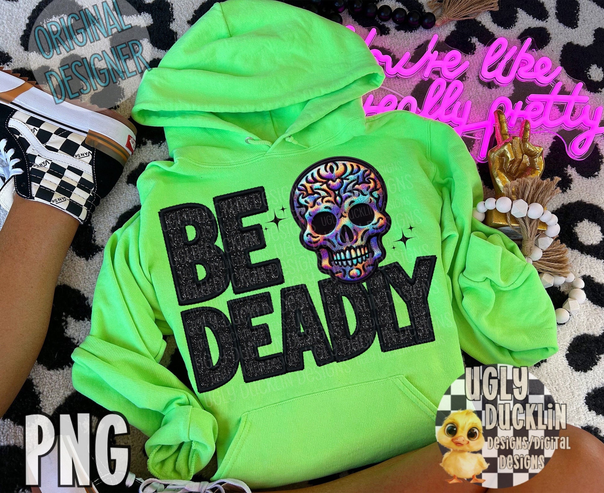 Be Deadly PNG Faux Embroidery Digital Design Skeleton Sublimation Design