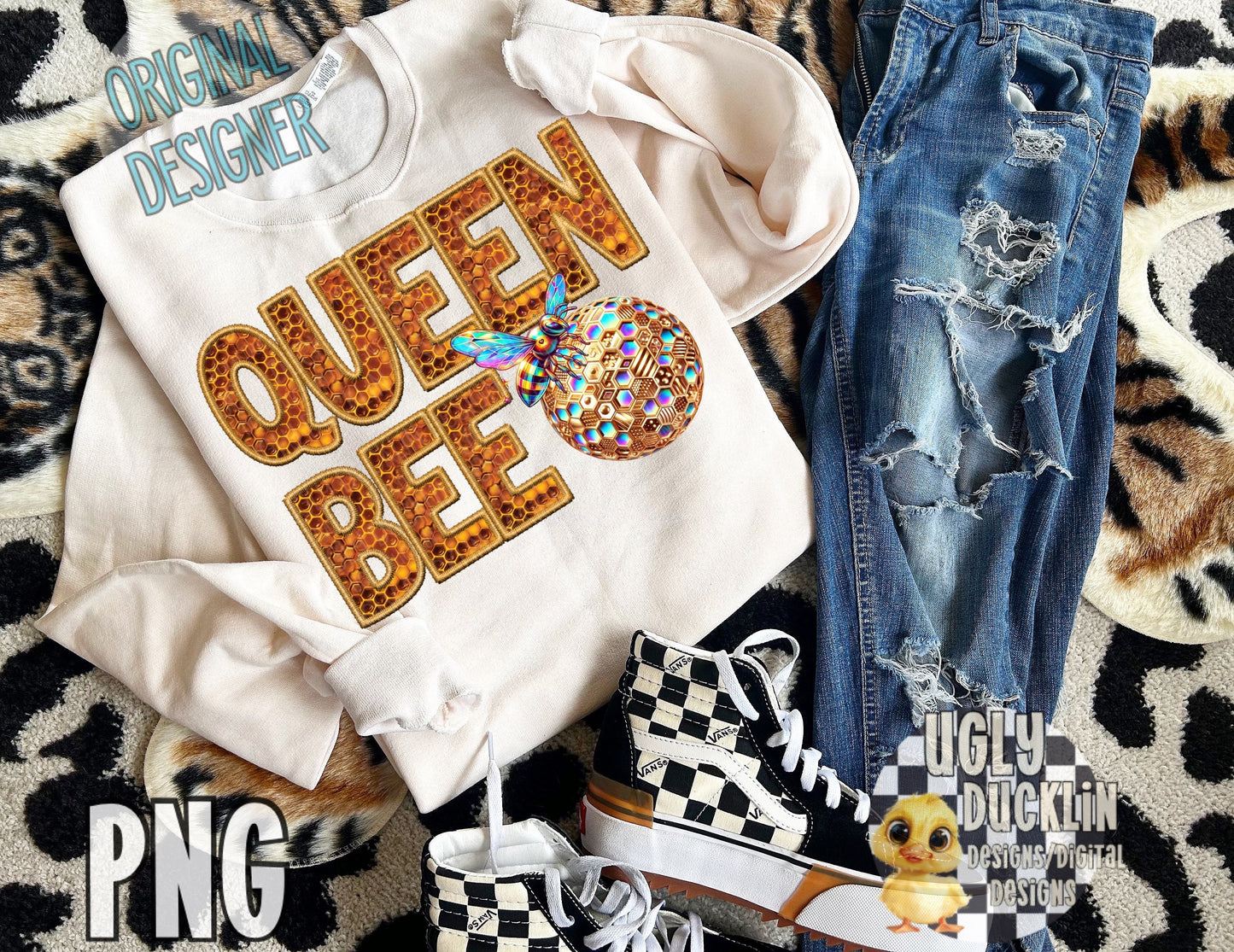 Queen Bee PNG Faux Embroidery Digital Design Holographic Sublimation Design